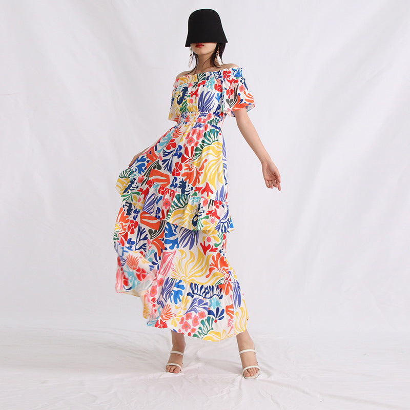 Summer Boat Neck Wooden Ear Design Short Sleeve High Waist Cake Dress