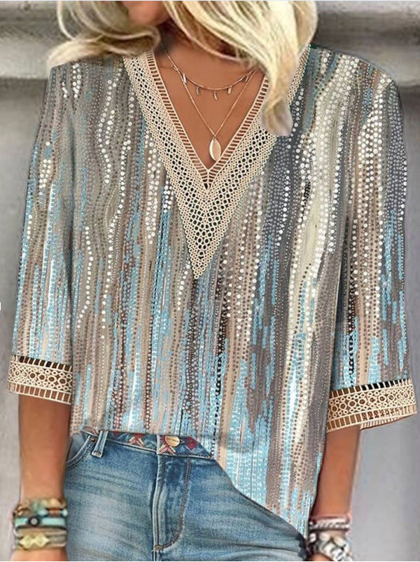 European And American Popular Fashion Loose Multi-color Floral Print Stitching Lace Half Sleeve V-neck Top