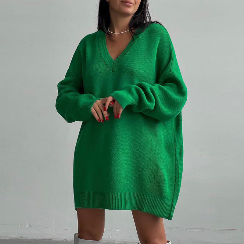 European And American Long-sleeved V-neck Casual Loose Knit Pullover