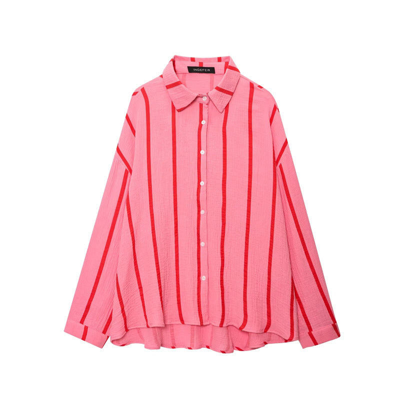 Summer Stripes Bubble Cotton Loose Casual Shirt Loose Casual Wide Leg Pants Suit