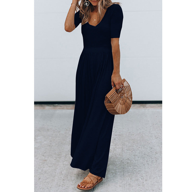 New Round Neck Short Sleeve Long Jumpsuit