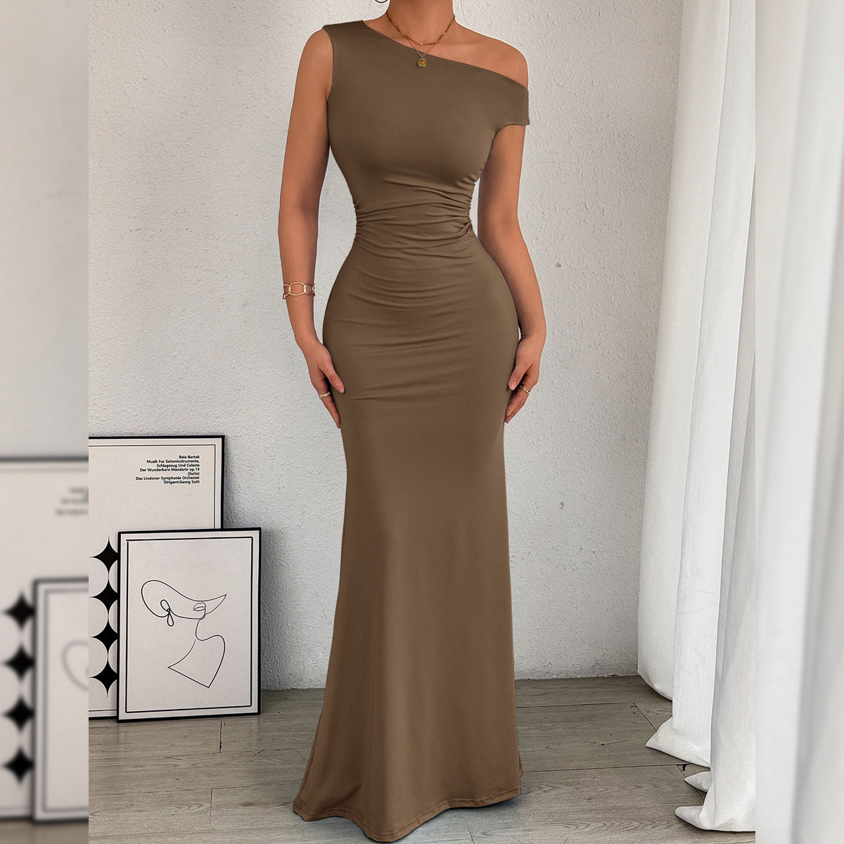 Off-the-shoulder Waist Pleated Sleeveless Dress