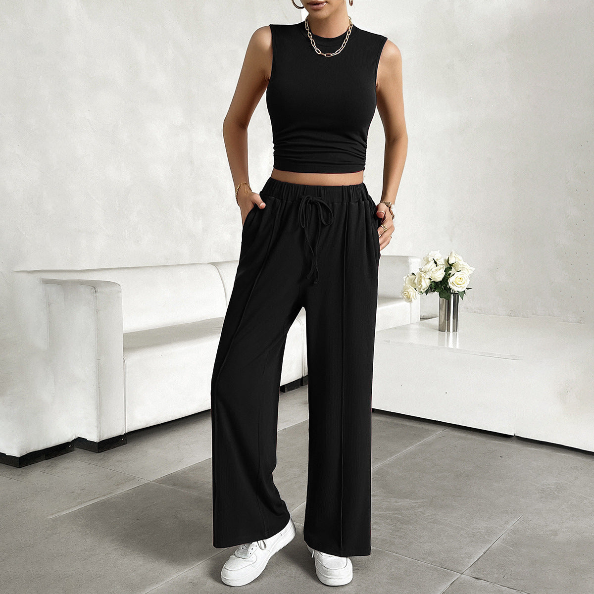 Urban Casual Solid Color Top Vest Pants Suit