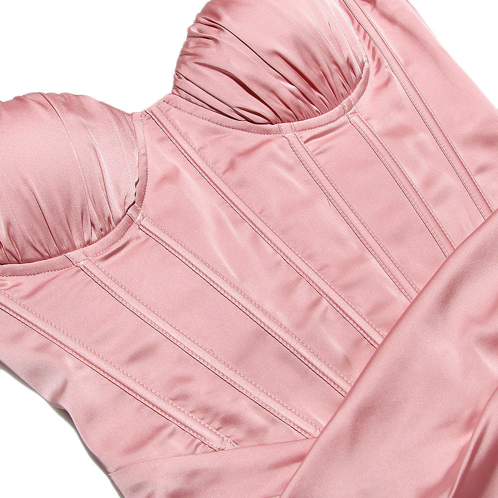 Robe mi-longue fendue style européen et américain pour femme, dos nu, coupe ajustée, motif arête de poisson