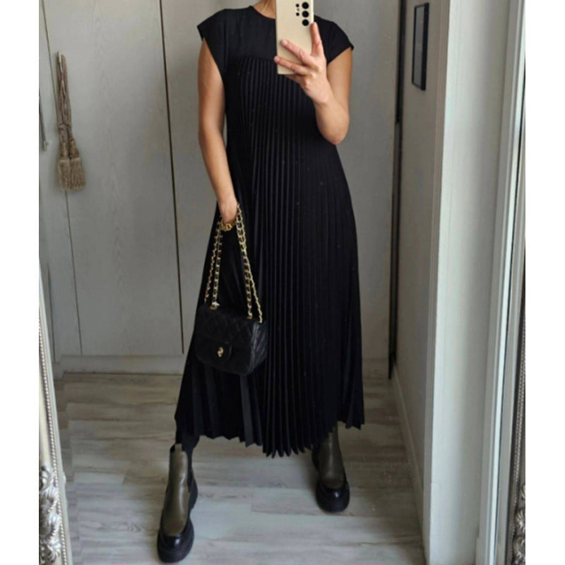 Robe longue plissée à manches courtes et col rond pour femme