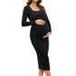 Pregnant Women's Long Sleeved U-neck Striped Casual Dress