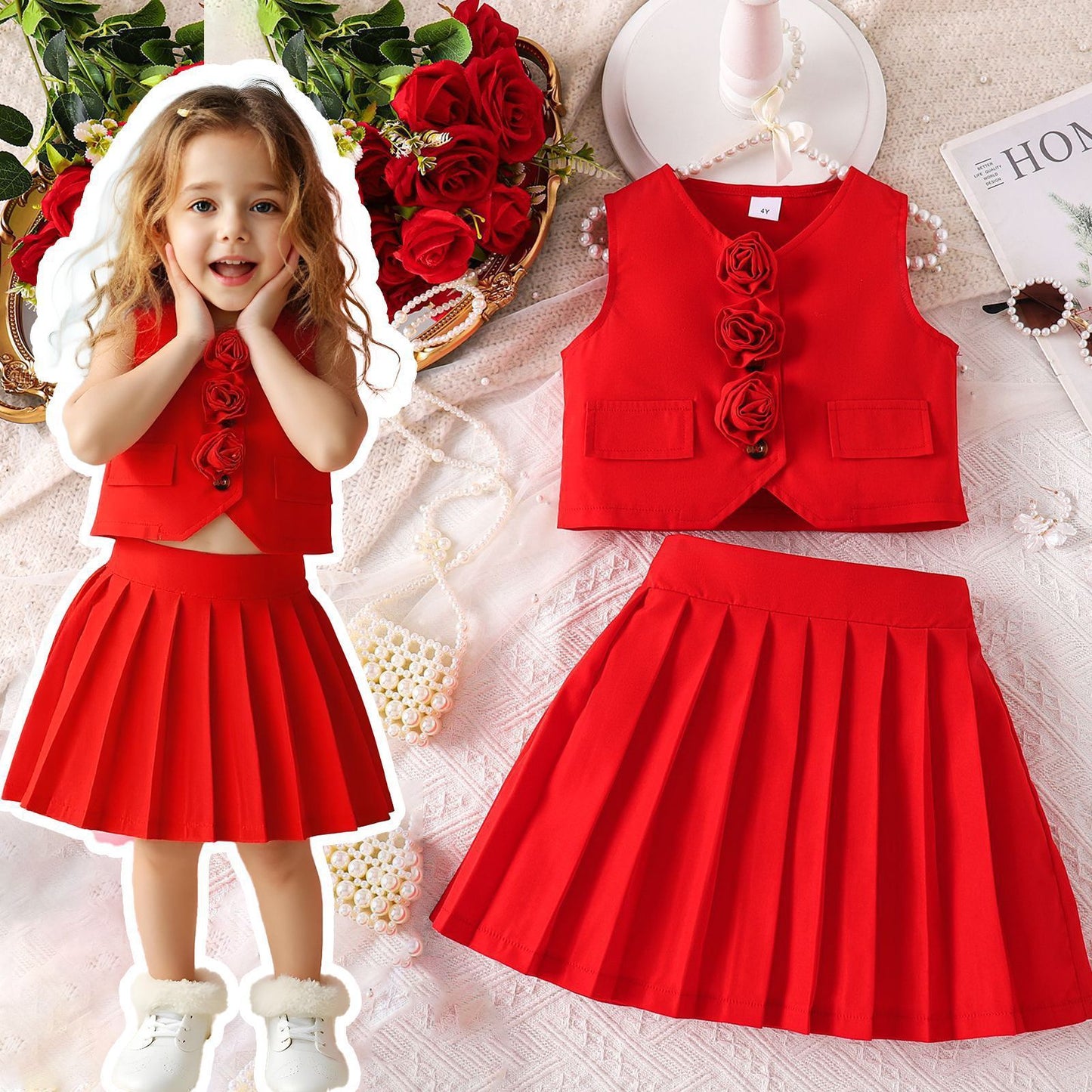 Suit Vest Paired With A Solid Color Pleated Skirt Set