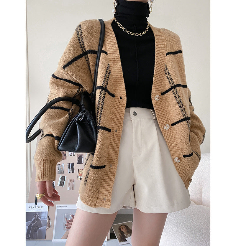 Large Check Loose Long Sleeve Sweater Jacket