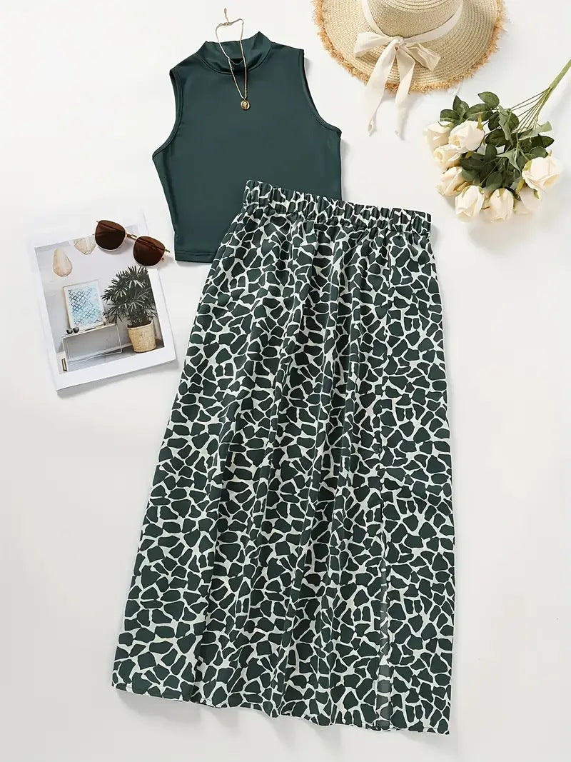 Leopard-print Womens Top And Skirt Set