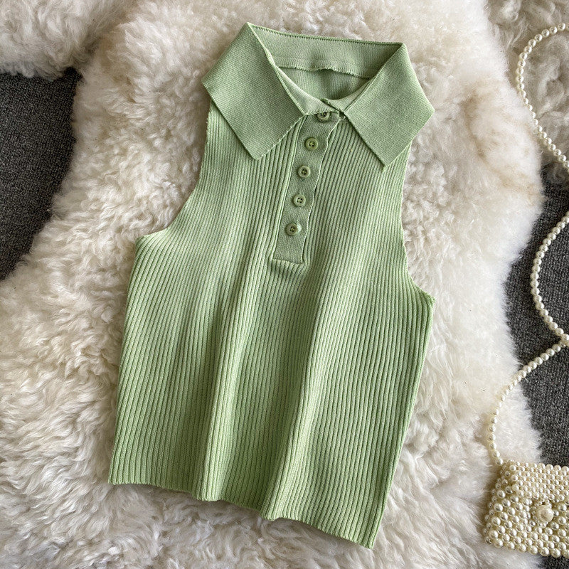Pure Color Polo Collar Halter White Camisole