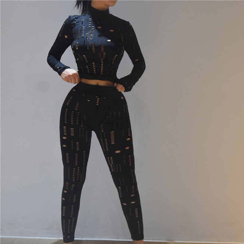 Women's New Cutout Ripped High Waist Tight Trousers Leisure Sports Suit Women