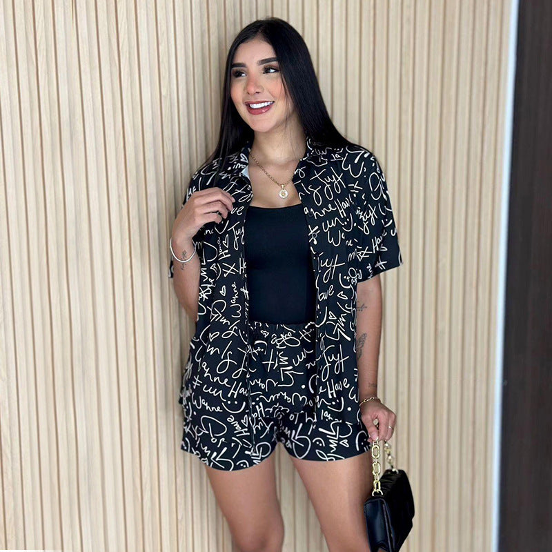 Ensemble chemise et short à manches courtes et revers pour femme, imprimé à la mode