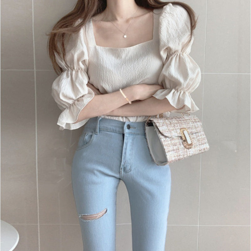 Gentle Temperament Square Neck Leaking Collarbone Puff Sleeve Chiffon Half Sleeve Top
