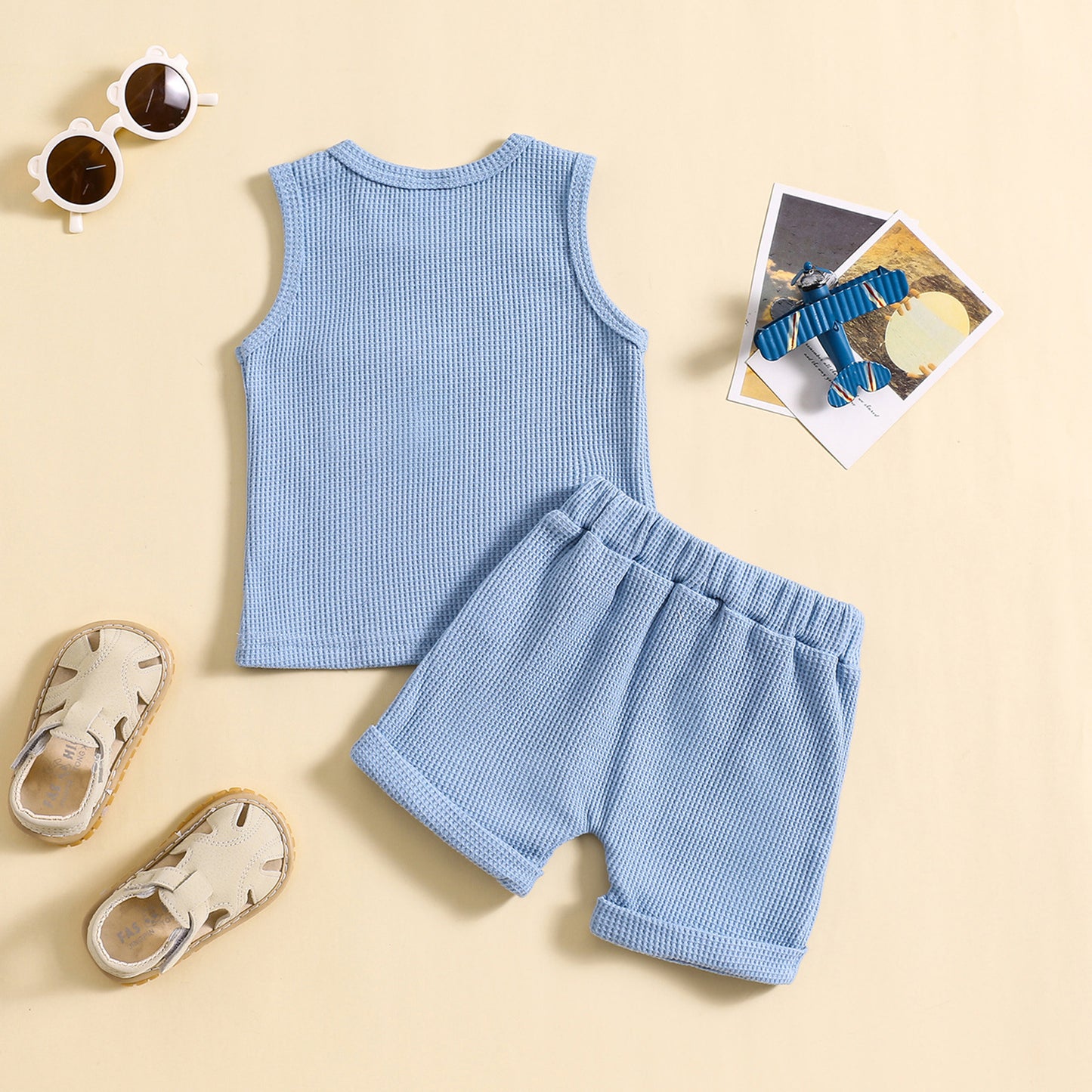 Children's Summer Korean Style Sleeveless Vest Waffle Solid Color Suit