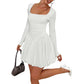 French Pleated Slim Fit Cinched Short Dress Women's Clothing