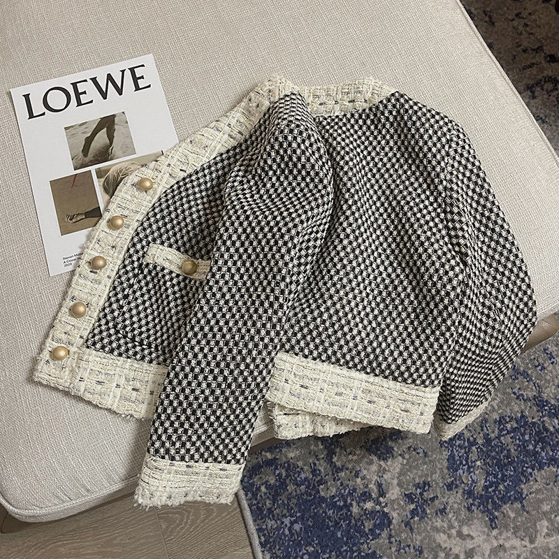 Female Thousand Bird Plaid Contrast Short Tweed Retro Coat