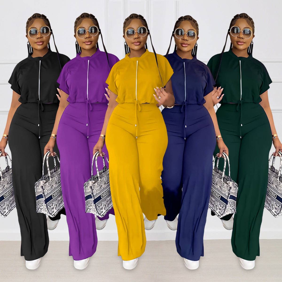 Drawstring Short Top High Waist Slit Women's Suit