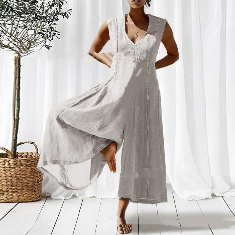 Combinaison ample longue sans manches à col en V pour femme