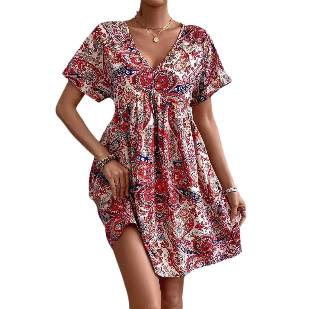 Fashion Women V-neck Printed Dress
