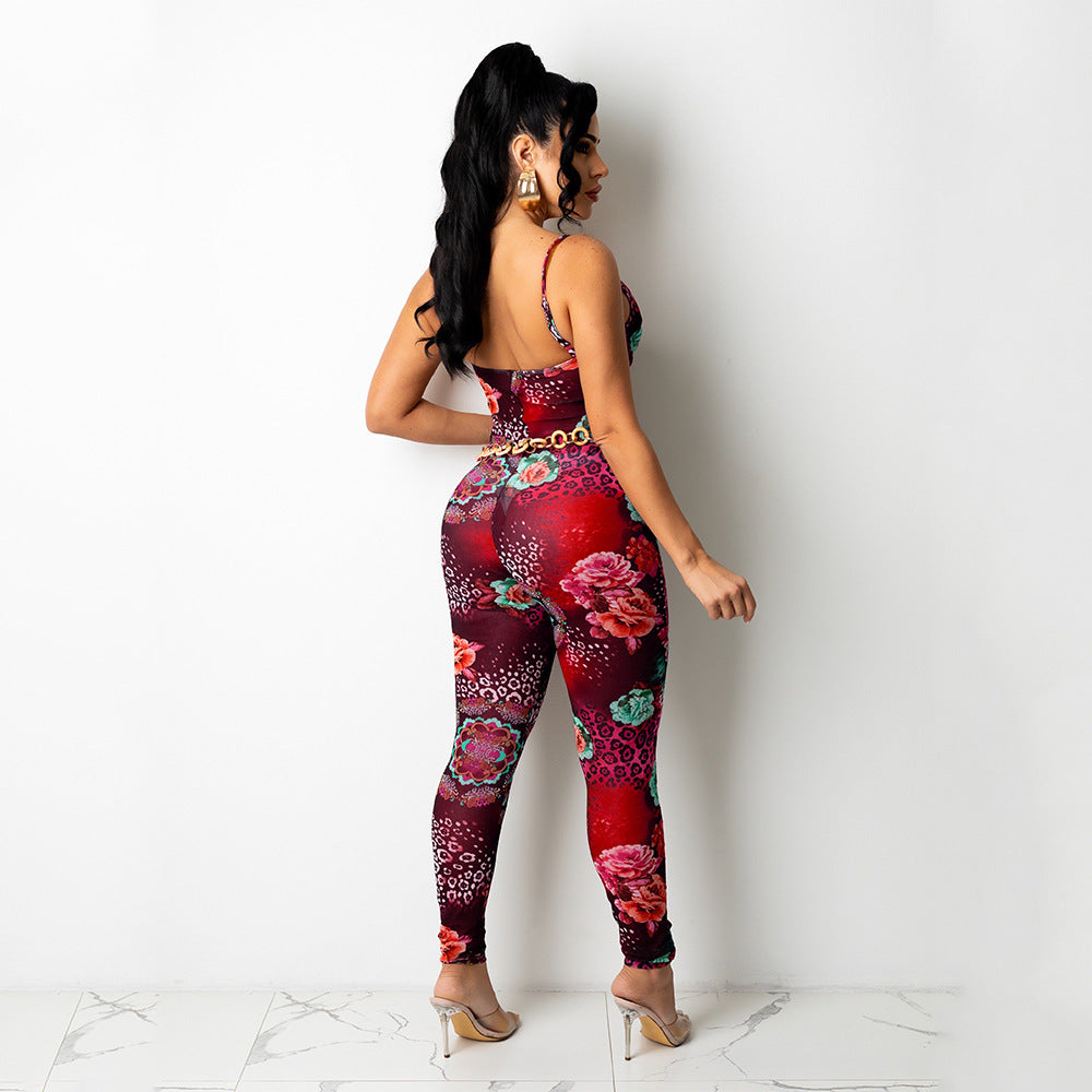 Suspender Mesh Printed Jumpsuit