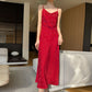 Robe à bretelles en satin acétate, col en V, pour femme
