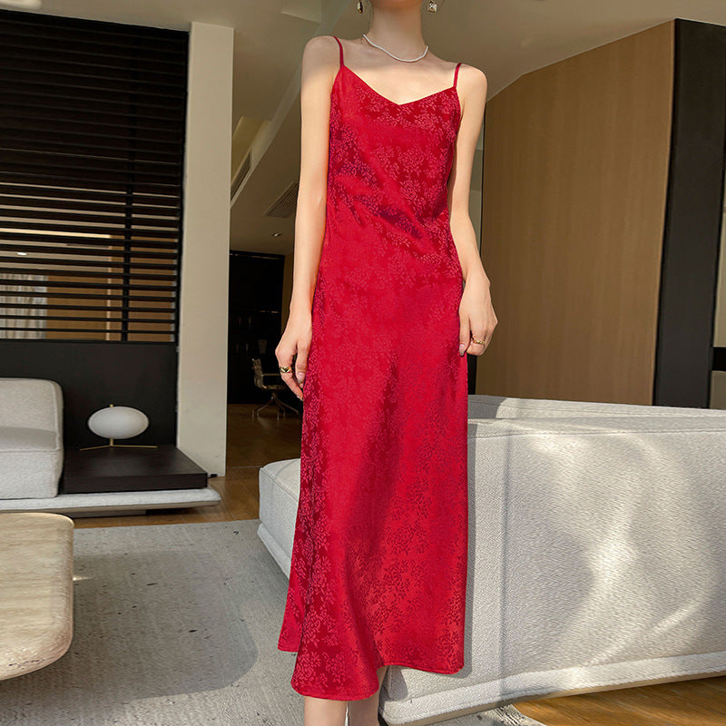 Robe à bretelles en satin acétate, col en V, pour femme