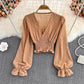 V-neck Cross Slim Fit Polka Dot Chiffon Shirt Western Style Waist-slimming Short