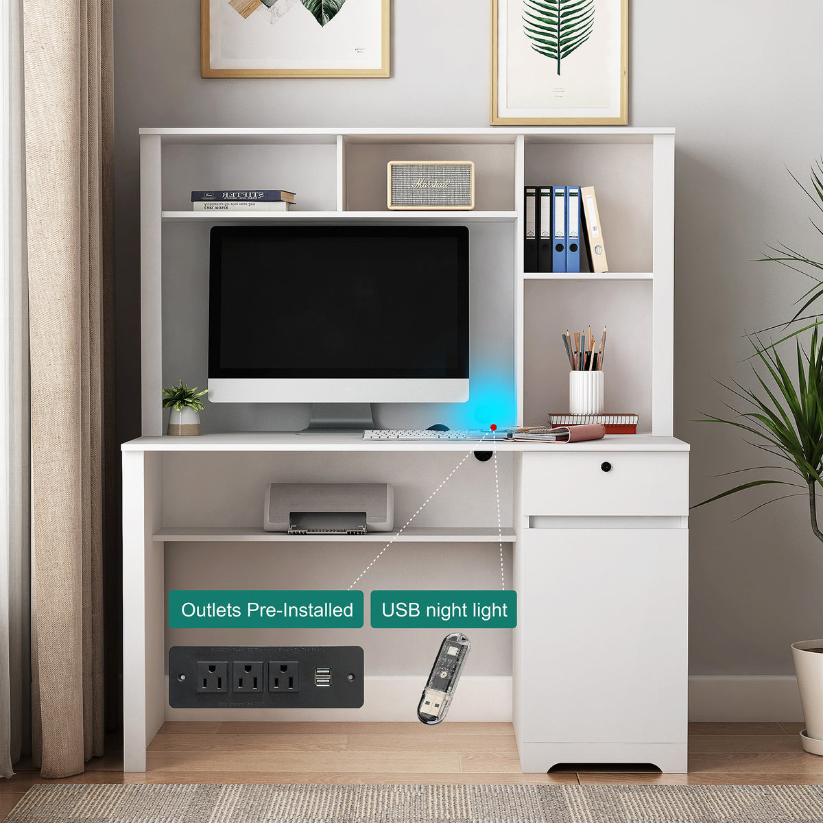 Computer Desk With Hutch & Bookshelf,Wood Executive Desk Teens Student Desk Writing Laptop Home Office Desk With Drawers,3 AC Outlets And 2 USB Charging Ports,Study Laptop Table For Home