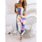Women Tie Dye Print Wrap Bust Casual Jumpsuit