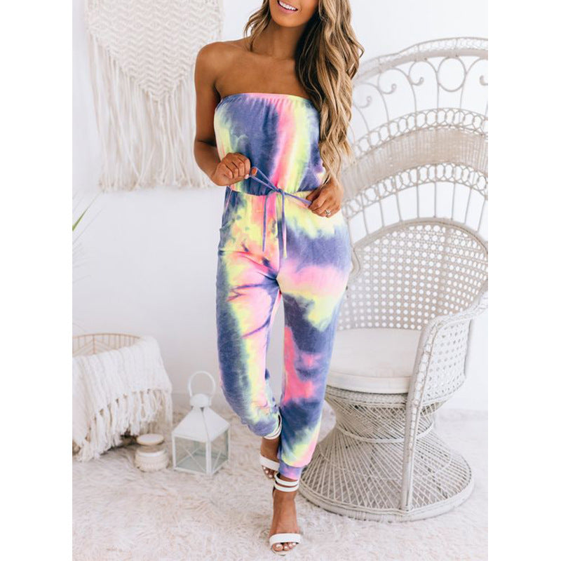 Women Tie Dye Print Wrap Bust Casual Jumpsuit