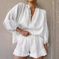 Fashion Cotton And Linen Solid Color Loose V-neck Lantern Sleeve Shorts Two-piece Set