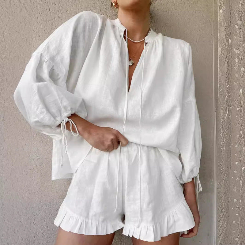 Fashion Cotton And Linen Solid Color Loose V-neck Lantern Sleeve Shorts Two-piece Set