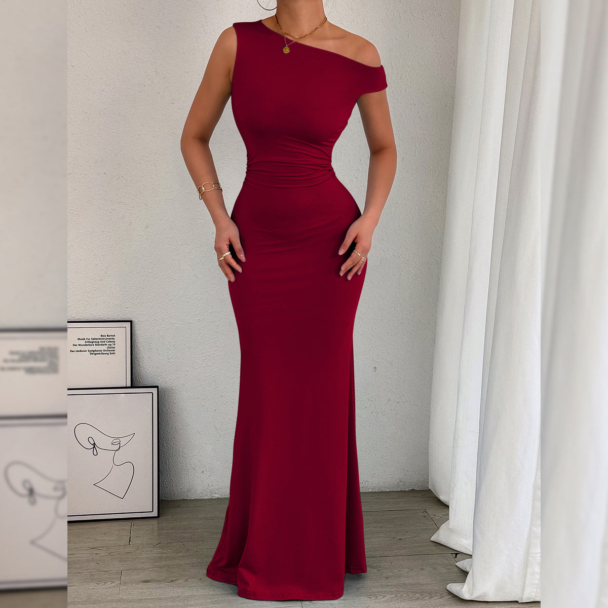 Off-the-shoulder Waist Pleated Sleeveless Dress