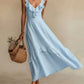 Elegant And Chic Cotton-Linen Dress With Ruffled Flutter Sleeves And A Flowing Hem