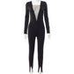 DA5968 V Neck Long Sleeved Split Jumpsuit With Diamonds