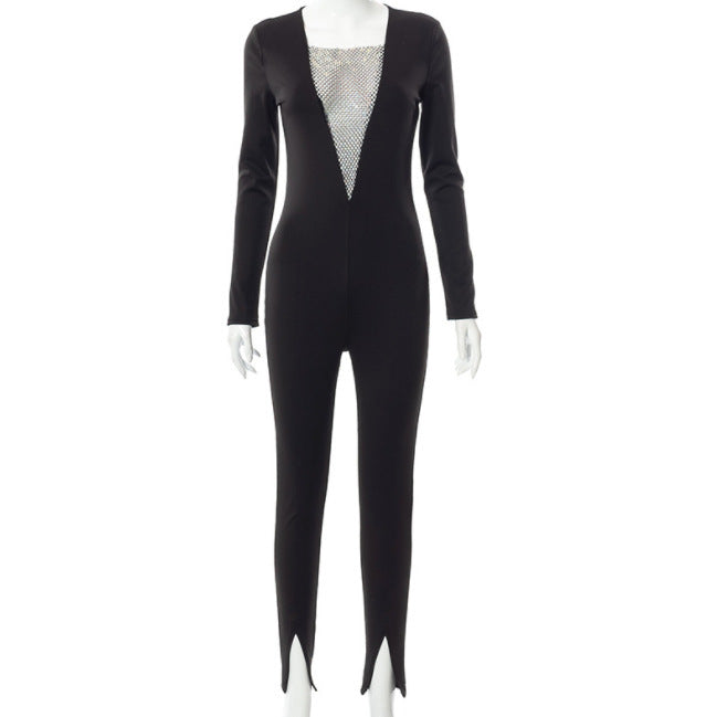 DA5968 V Neck Long Sleeved Split Jumpsuit With Diamonds