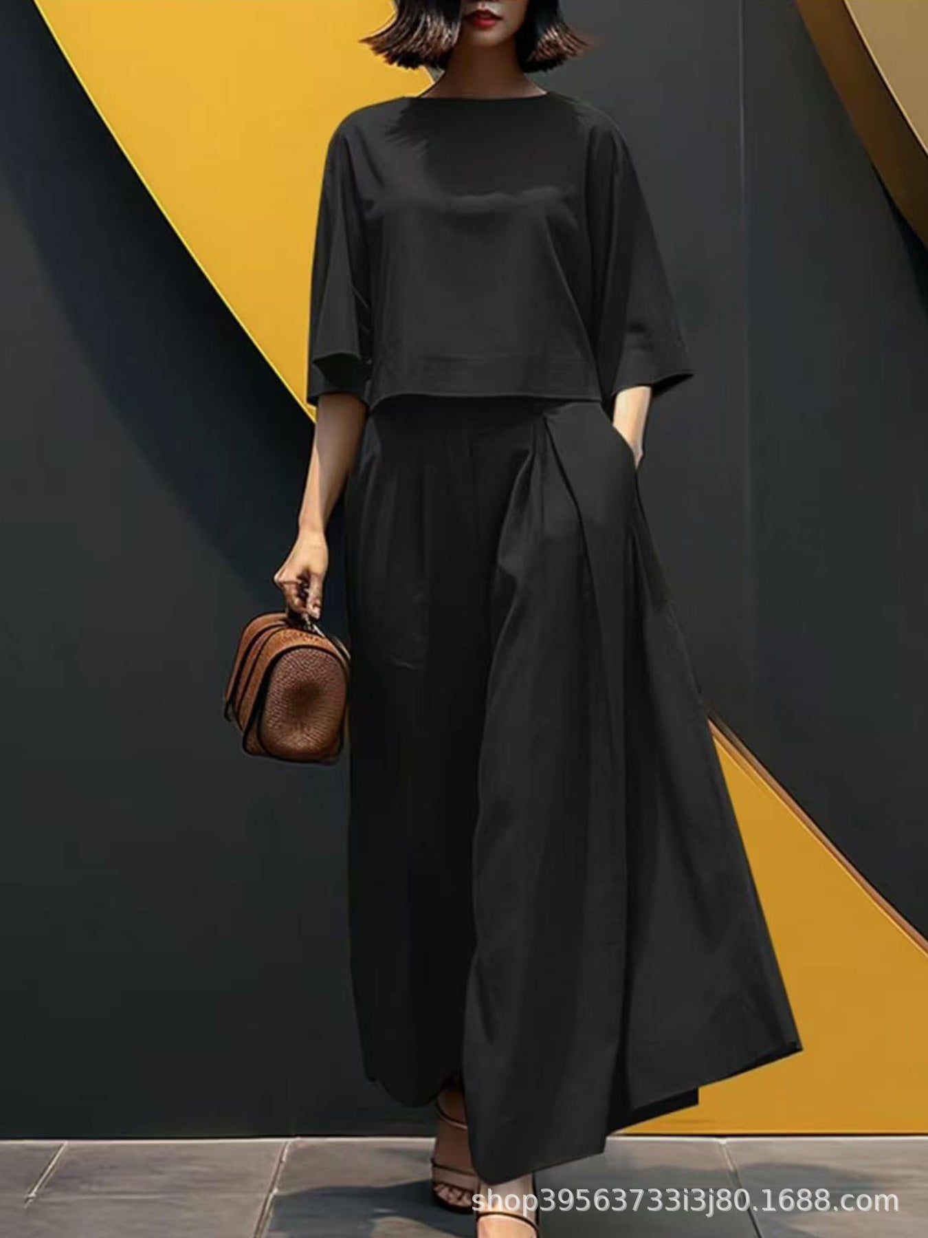 European And American Fashion Suit Solid Color Short Sleeve Loose Trousers Two-piece Set