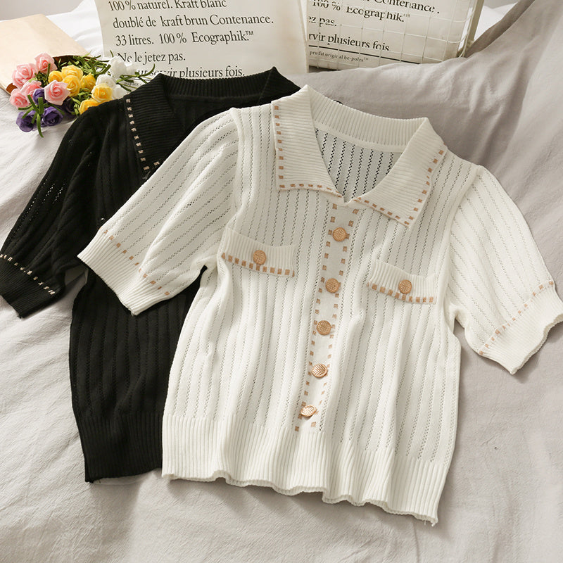 Hong Kong Style Polo Collar Single-breasted Golden Dot Slim Top Women