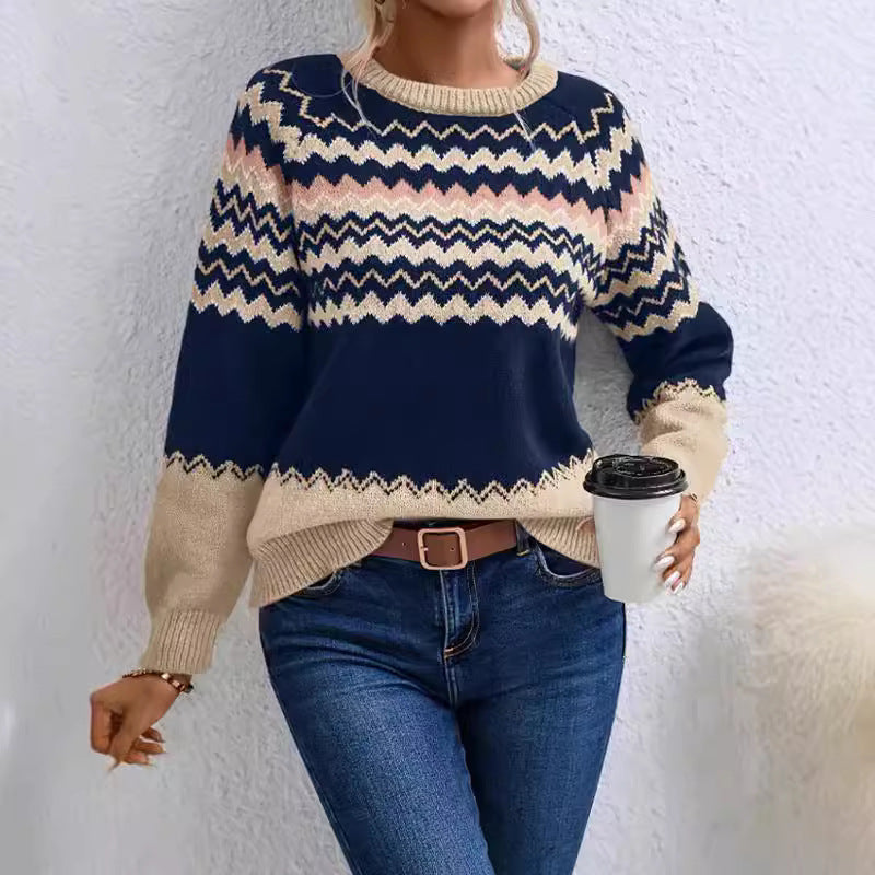 Pull à col rond pour femme, style européen et américain, tricot classique à rayures assorties