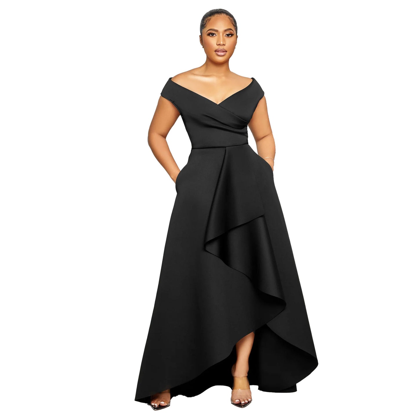 Robe trapèze ample sans manches à épaules dénudées et coupe ajustée de couleur unie