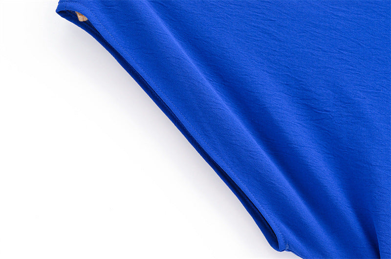 Blue Asymmetric Buckle Shoulder Sleeveless Suspender Dress