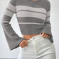 Round Neck Long Sleeve Flared Sleeves Striped Contrast Color Knitted Pullover