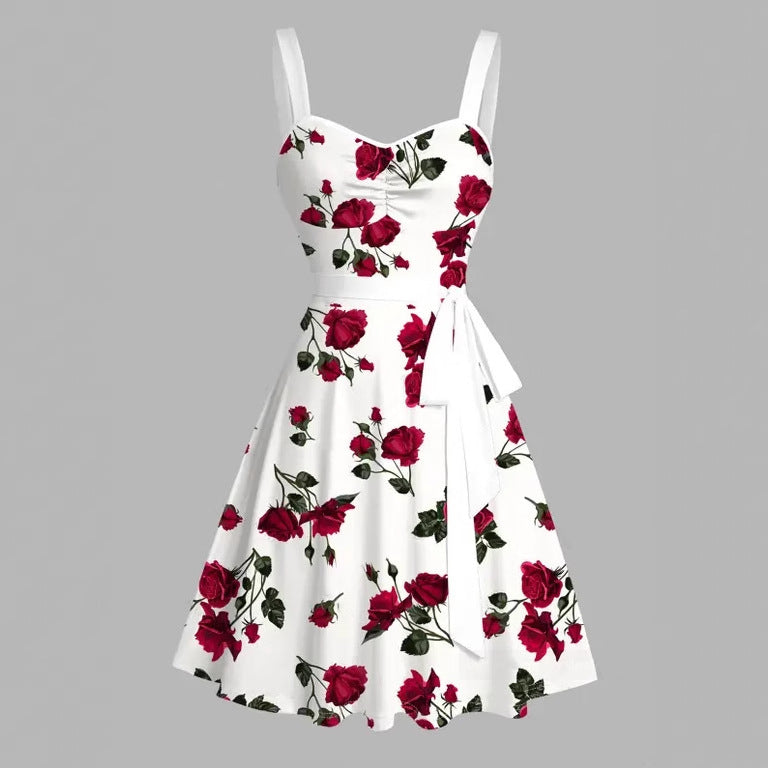 Vintage Rose Print Midi Dress With Belt