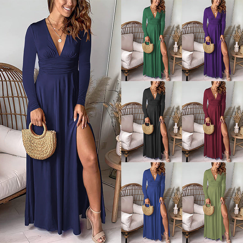 Robe de soirée plissée à manches longues et col en V profond, taille haute, fendue, style club