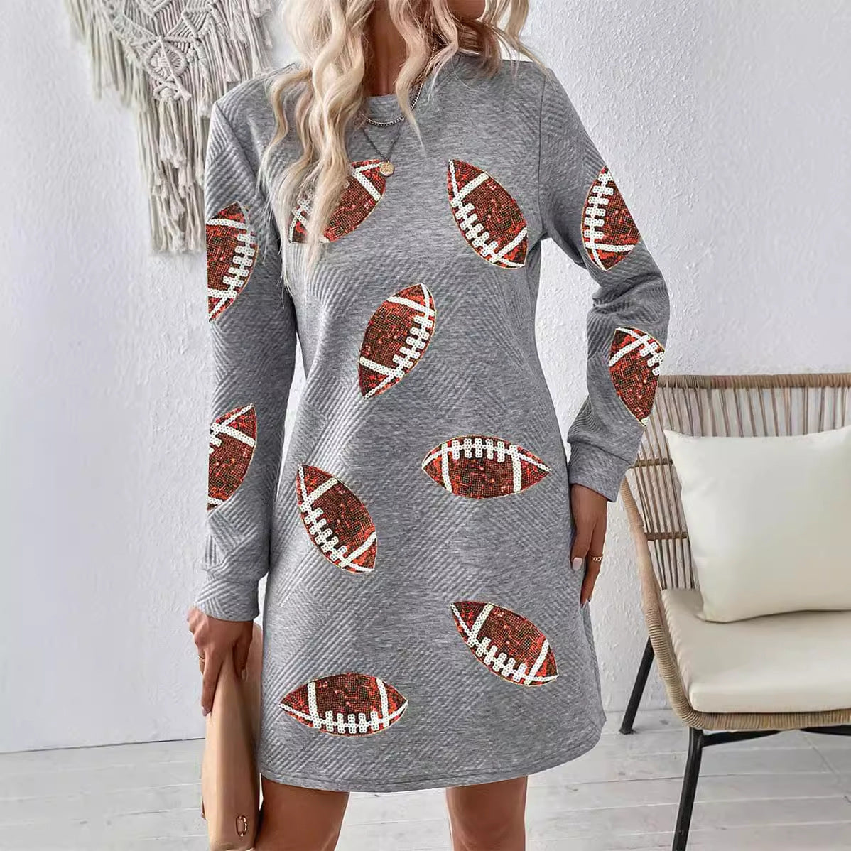 Robe pull à manches longues et col rond pour femme, imprimée rugby