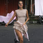 Contrast Color Round Neck Sleeveless Lace Fashion Short Dress Women