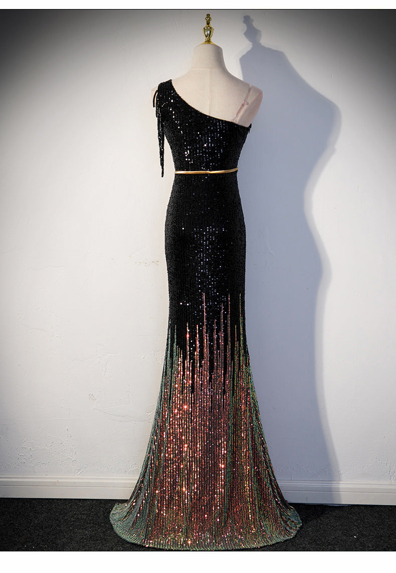 Robe femme noble tempérament design sens gland paillettes longue fendue queue de poisson jupe banquet