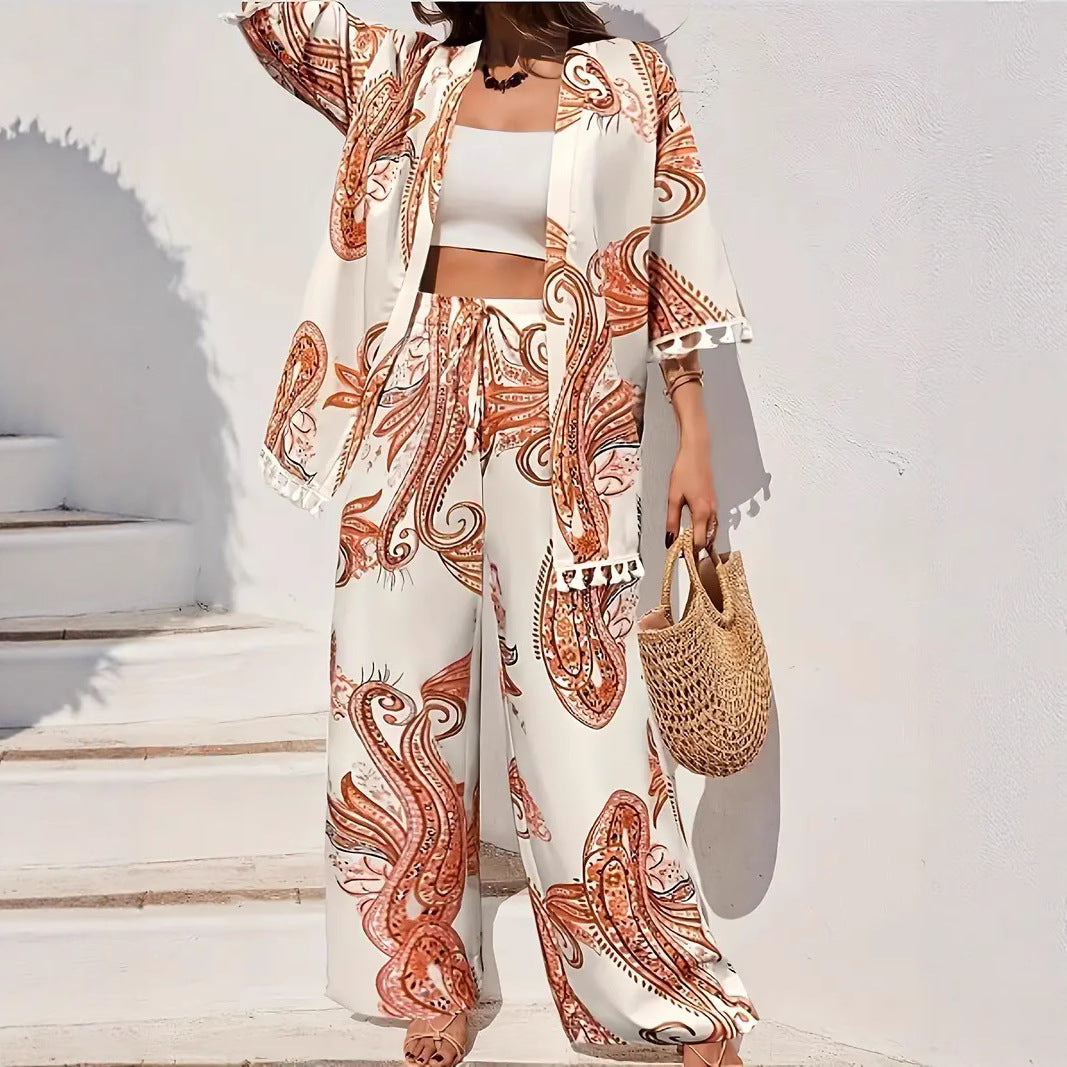 Women's Loose-fit Printed Outfit Cardigan With Fringed Hem And Wide-leg Pants Set
