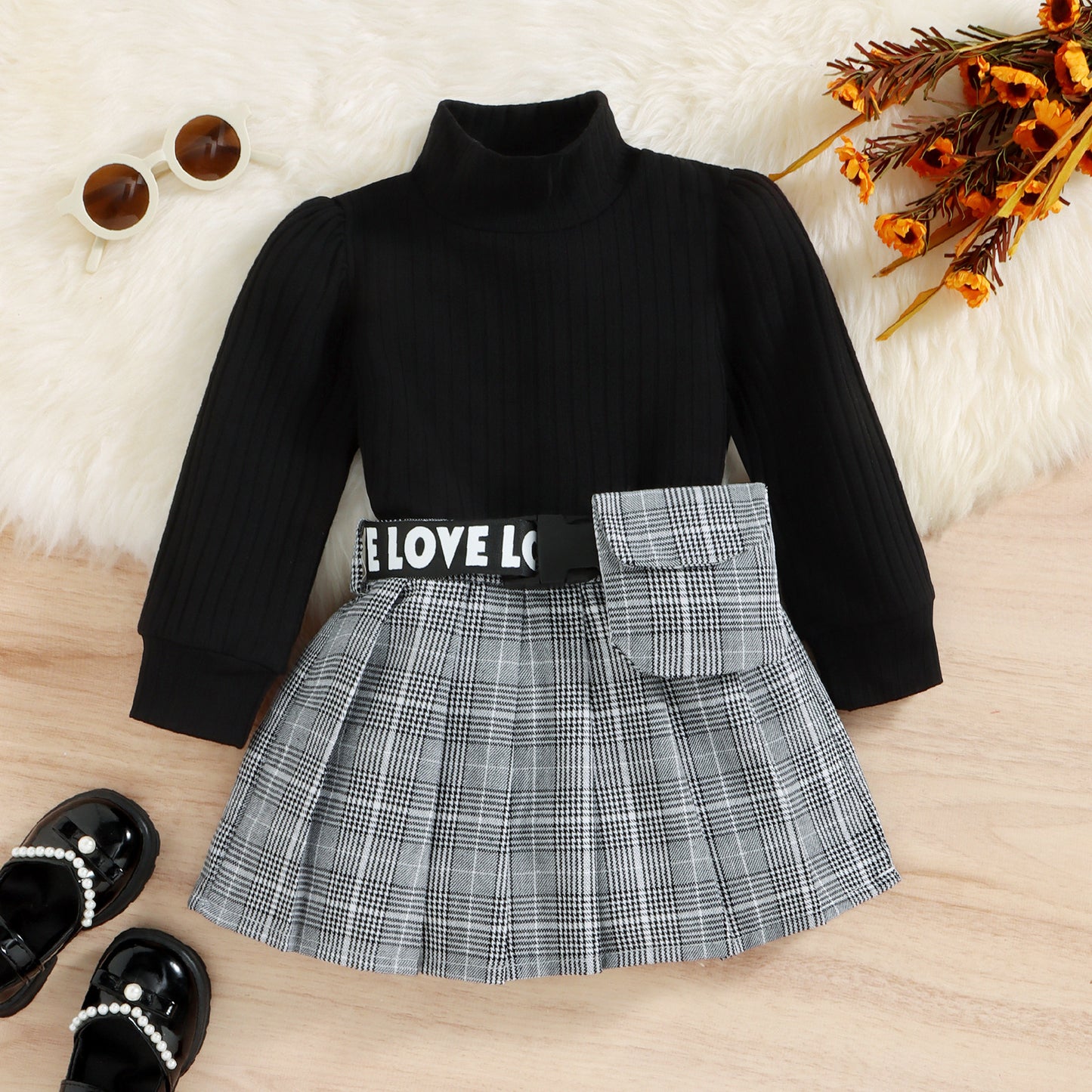 Costume à carreaux style coréen pour enfants, automne-hiver, haut à col roulé et rayures en coton