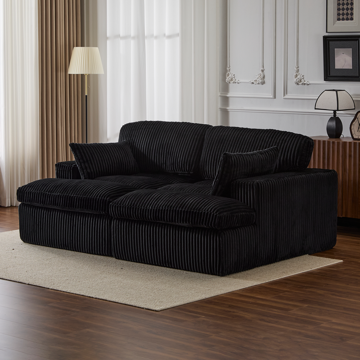Double Chaise Lounge Chair Indoor,Oversized Upholstered Sleeper Cloud Couch,Deep Seat Luxury Sofa Bed,Sectional Sofa Chaise Love-seat,Corduroy Reading Chair For Living Room,No Assembly Required,Black
